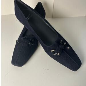 Stuart Weitzman Slip On Navy Blue Suede Pump Square Kitten Heels Shoes 9.5 M